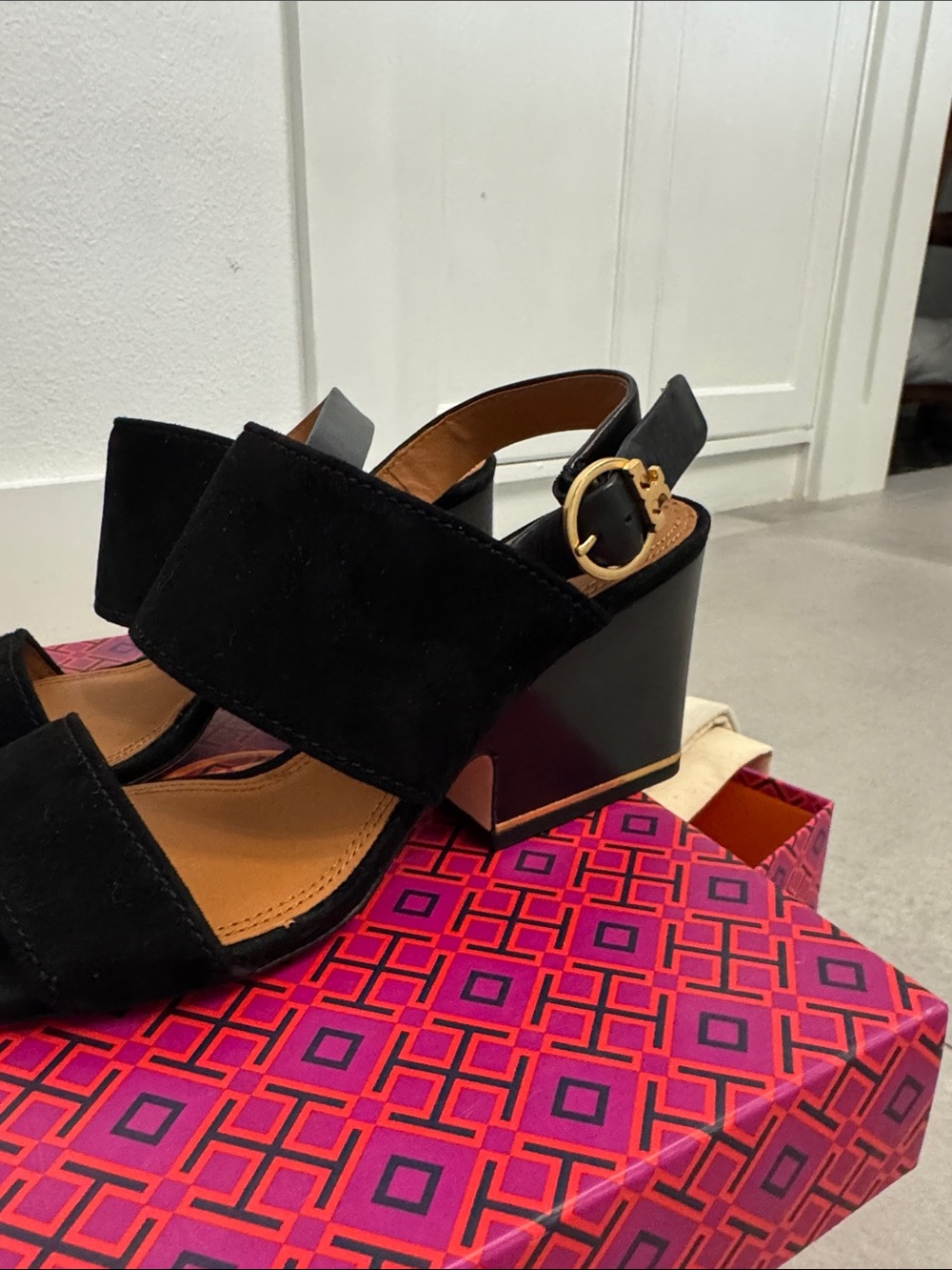 Tory Burch Black Suede Block Heel Sandals with Gold Buckle Accent